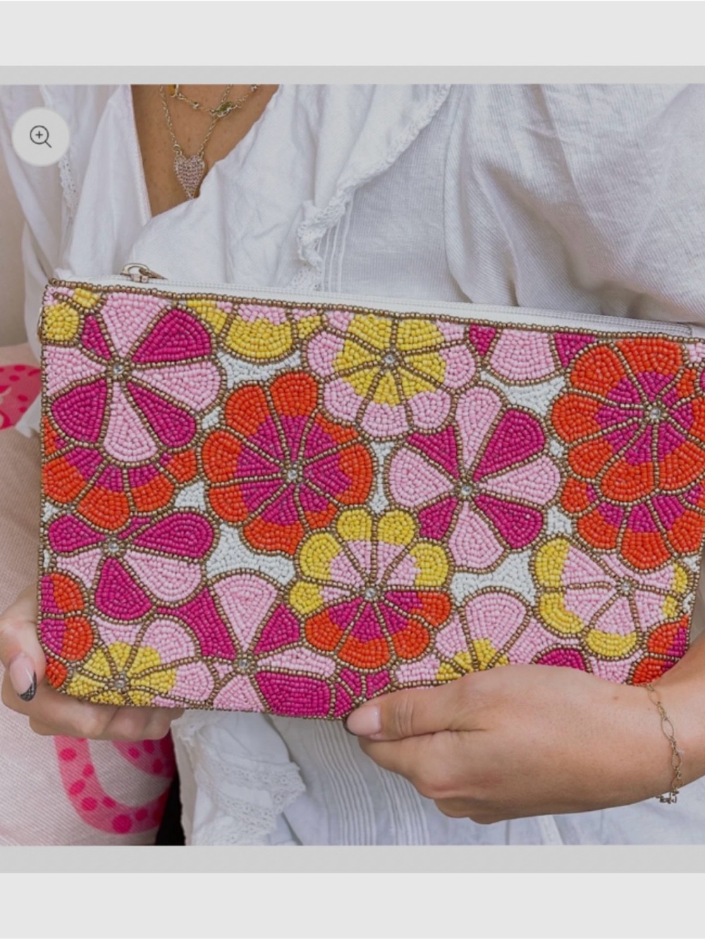 Beaded Embellished Floral Zip Shoulder Bag Purse Clutch in Pink, Orange & Yellow